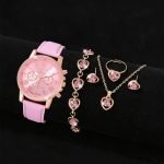6PCS Set Pink PU Leather Strap Watch for Women Analog Quartz Wrist Watch Jewelry Set