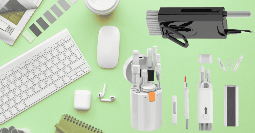 Affordable keyboard cleaner tool kit for under $14 shown with AirPods, laptop, and camera accessories.