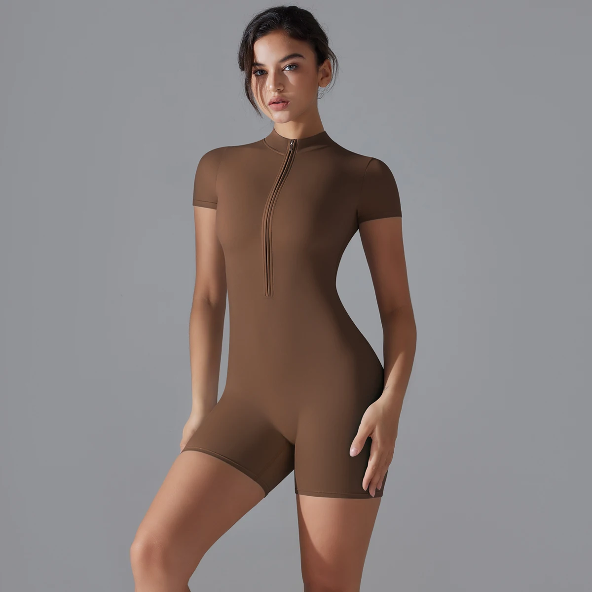kf-S04a2e2b8f9c445e4ae3c4227ddb8d563E Women’s One Piece Yoga Jumpsuit – Zipper Front, Short Sleeve, Push-Up Slim Fit Workout Bodysuit for Gym & Fitness - Activewear - Description Image