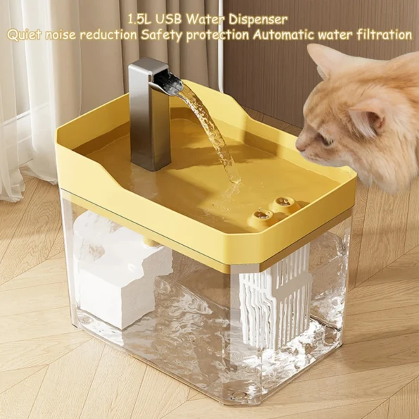 USB Cat Water Fountain – 1.5L Automatic Pet Water Dispenser with Filter & Quiet Pump | Transparent, Anti-Dry Burning - Product - Main View