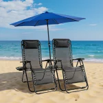 Set of 2 Zero Gravity Recliner Chairs – Folding Outdoor Lounge Chairs with Cup Holder Trays & Adjustable Pillow for Patio, Camping, Garden