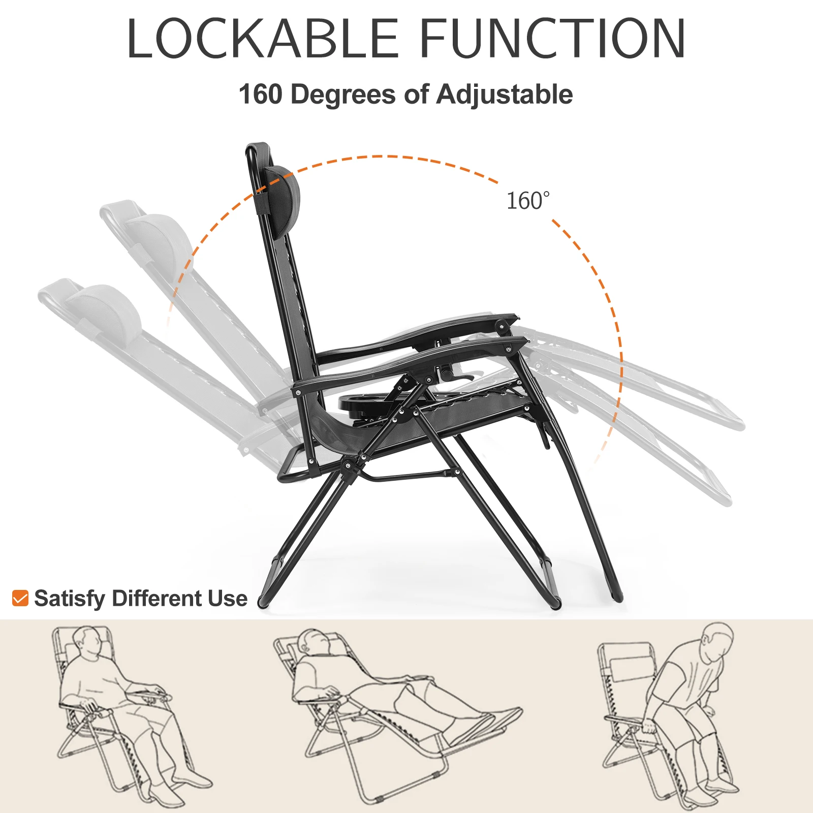 kf-S1ebea5d195d34e7c90db0e257f9f4f34U Set of 2 Zero Gravity Recliner Chairs – Folding Outdoor Lounge Chairs with Cup Holder Trays & Adjustable Pillow for Patio, Camping, Garden - Chairs - Gallery View 2