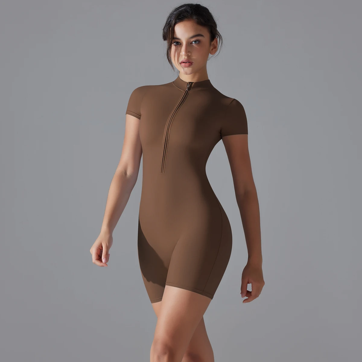 kf-S70cd36274c844e4daab557bf2cc4c20fL Women’s One Piece Yoga Jumpsuit – Zipper Front, Short Sleeve, Push-Up Slim Fit Workout Bodysuit for Gym & Fitness - Activewear - Description Image