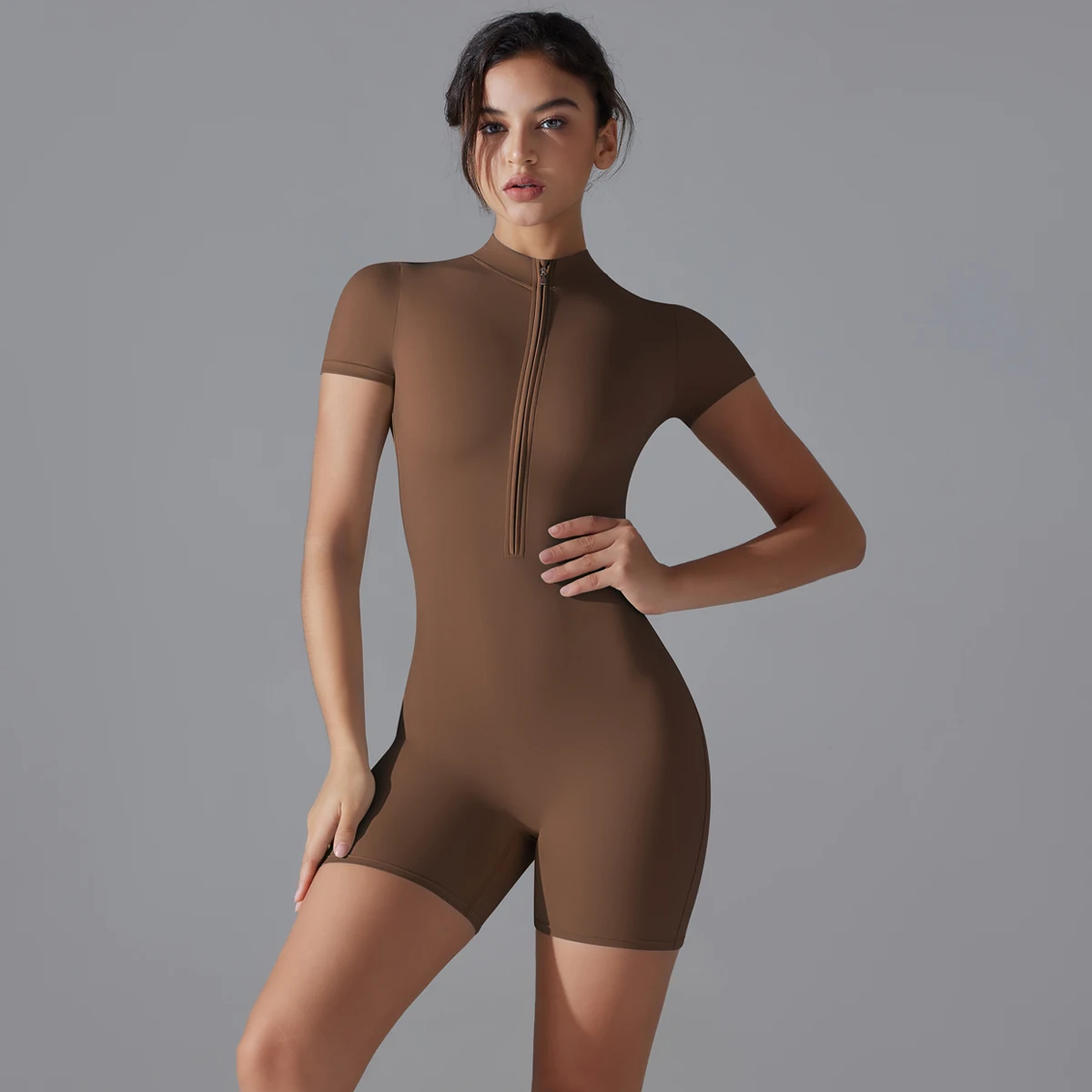 kf-S8dbdb46b646d4a69a295512aea4b8dacr Women’s One Piece Yoga Jumpsuit – Zipper Front, Short Sleeve, Push-Up Slim Fit Workout Bodysuit for Gym & Fitness - Activewear - Description Image