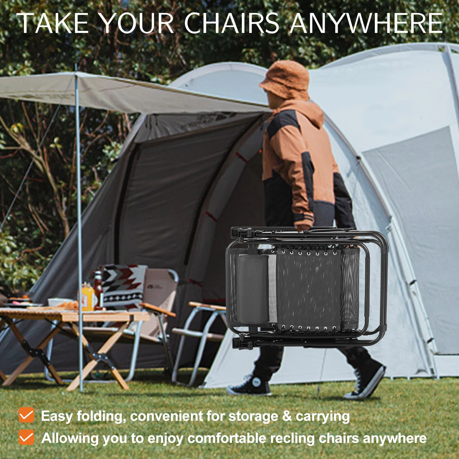 kf-Sb92ed5c2b0fc4ceca11d6d79d35afe70F Set of 2 Zero Gravity Recliner Chairs – Folding Outdoor Lounge Chairs with Cup Holder Trays & Adjustable Pillow for Patio, Camping, Garden - Chairs - Gallery View 3