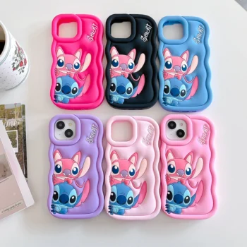 Cute 3D Stitch Cartoon Case for iPhone X XS XR 11 12 13 14 15 16 Pro Max Plus – Soft Silicone Cover with Wave Edge