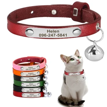 Personalized Leather Cat Collar with Name Tag – Adjustable, Anti-Lost Kitten & Puppy Collar with Bell