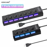 USB 2.0 Hub Splitter with Power Adapter – 4/7 Port Multi USB Expander with On/Off Switch, 30CM Cable – Ideal for Home & Office Use
