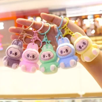 Cute Plush Bow Keychain for Bags, Phones & Cars – Flocked Cartoon Pendant Charm for Girls, Kids, Labubu Gift