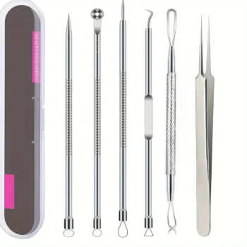 6Pcs Precision Pimple Tweezers & Blackhead Removal Tool Set – Professional Acne Extractor Kit for Deep Face Cleansing & Skin Care