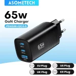 ASOMETECH 65W GaN USB-C Fast Charger | 3-Port PD PPS QC4.0 Quick Wall Charger for MacBook, iPad, iPhone 16, Samsung S23 Ultra & Laptops