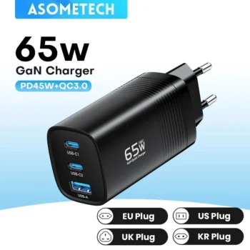 ASOMETECH 65W GaN USB-C Fast Charger | 3-Port PD PPS QC4.0 Quick Wall Charger for MacBook, iPad, iPhone 16, Samsung S23 Ultra & Laptops