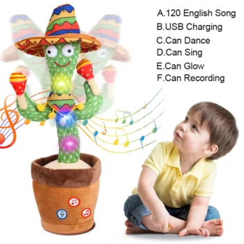 Talking Dancing Cactus Toy for Kids – Plush Baby Toy with Songs, LED Lights, Repeat What You Say, USB Rechargeable Gift for Boys & Girls