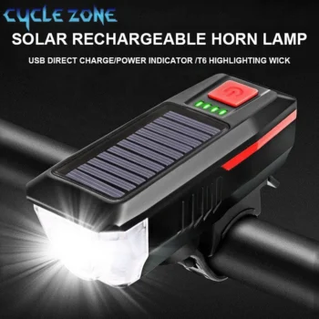Solar Bicycle Light with Horn – USB Rechargeable Bicycle Front Lamp with Power Display, 350 Lumen LED Headlight & Flashlight for Road & Mountain Bikes