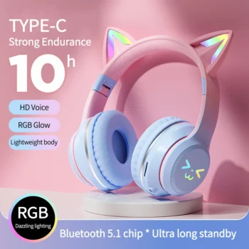 Cute RGB Cat Ear Wireless Headphones – Bluetooth Stereo Earphones with Mic for Kids, Girls & Gaming