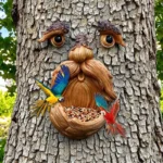 Tree Face Bird Feeder Outdoor – Glow in the Dark Eyes Old Man Tree Hugger Garden Lawn Ornament Yard Art