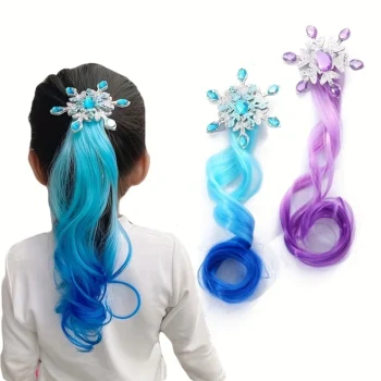Snow Queen Colorful Wig Hair Clips for Girls – Gradient Long Curly Braided Hair Accessories for Kids Dress-Up & Partie