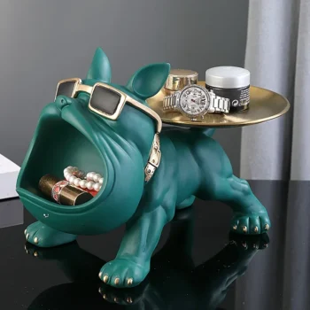 Bulldog Resin Storage Tray Statue – Decorative Dog Sculpture with Organizer Tray for Home & Office Decor