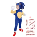 Kids Hedgehog Cosplay Costume Set – Anime Jumpsuit with Headpiece, Gloves & Scar Patch | Halloween & Pretend Play Outfit