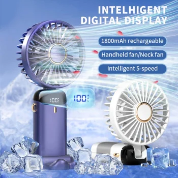 Handheld Mini Fan – Foldable, Portable, Neck-Hanging USB Rechargeable Fan with Phone Stand & LED Display