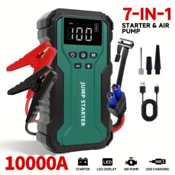 10000A 7-in-1 Portable Car Jump Starter with Air Pump – 150PSI Digital Tire Inflator & Emergency Power Supply