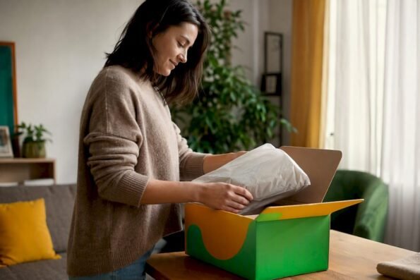 Hands packing online return shipment box