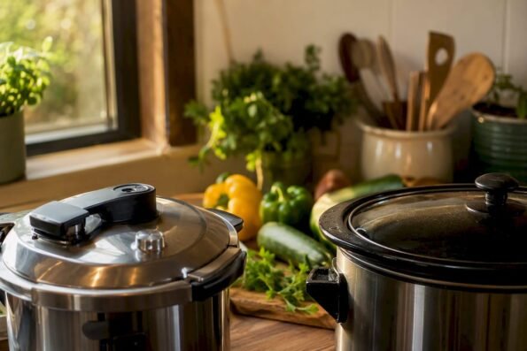 Pressure cooker and slow cooker on kitchen counter
