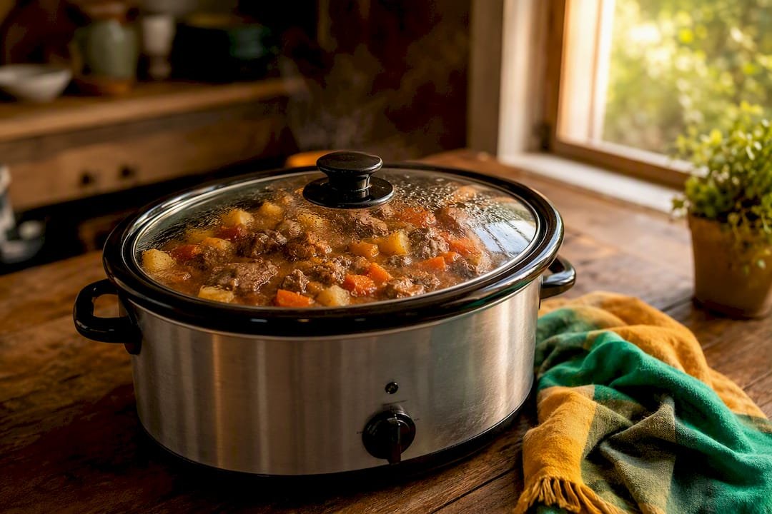 Slow cooker simmering stew close-up