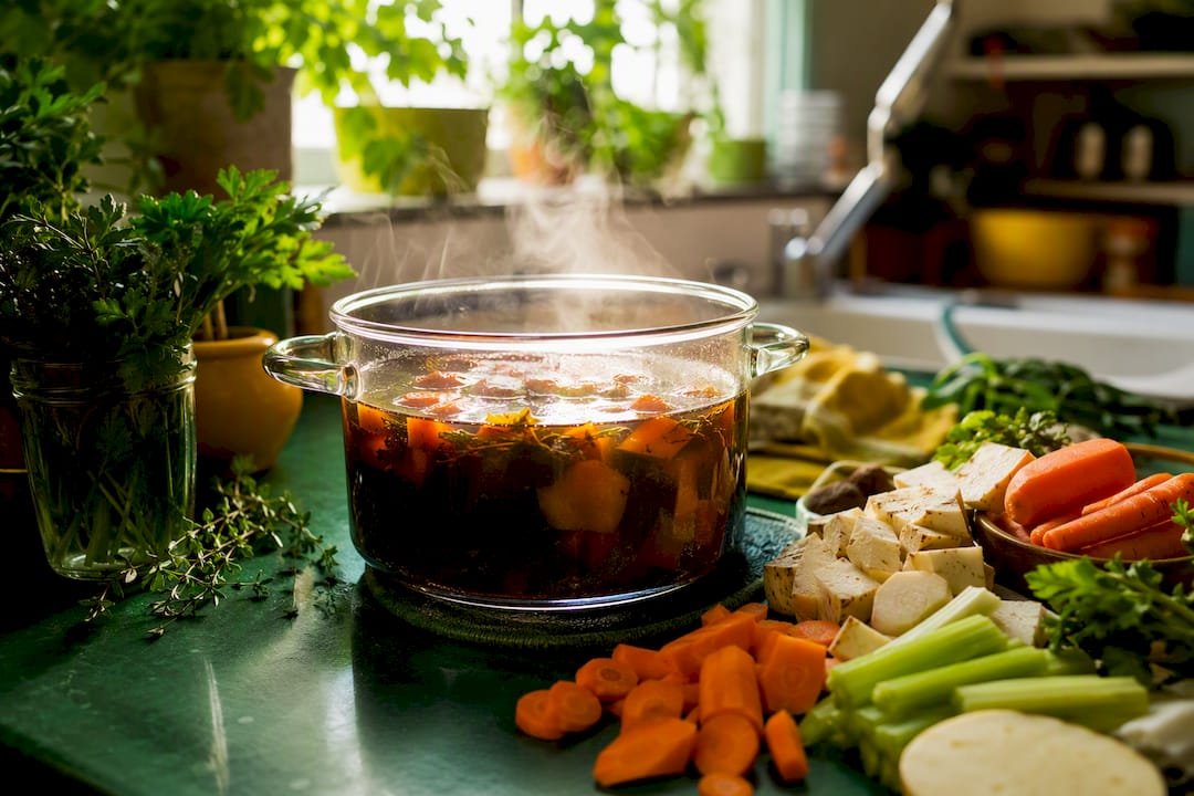 Pressure-cooked rich broth in glass pot