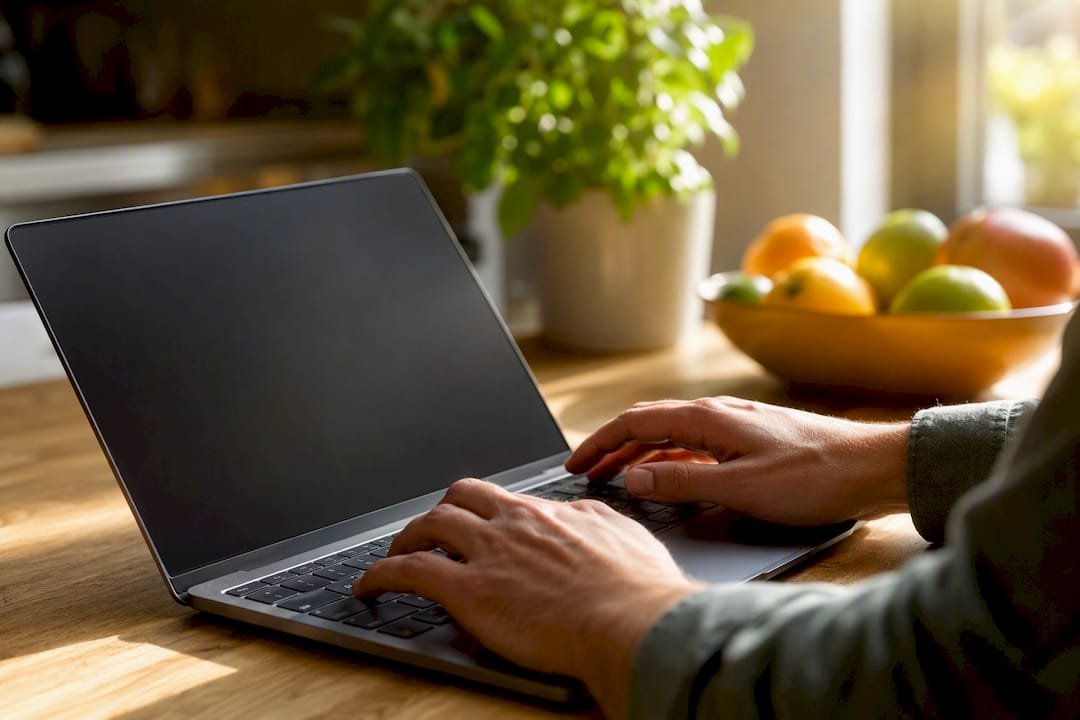Hands typing on laptop keyboard at home office