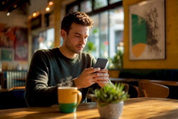 Person verifying website on smartphone at home