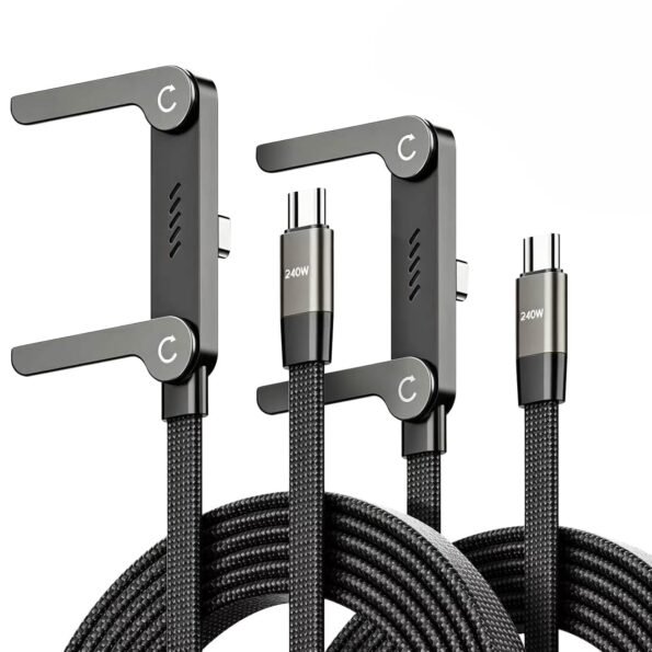 240W Fast Charging Cable, USB-C to USB-C & USB-A to C, Foldable Elbow Phone Holder, 6A Braided Data Sync Cord for iPhone 17, 1.5M